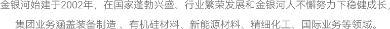 英国上市公司365始建于2002年，在国家蓬勃兴盛、行业繁荣发展和英国上市公司365人不懈努力下稳健成长，
集团业务涵盖装备制造 、有机硅材料、新能源材料、精细化工、国际业务等领域。